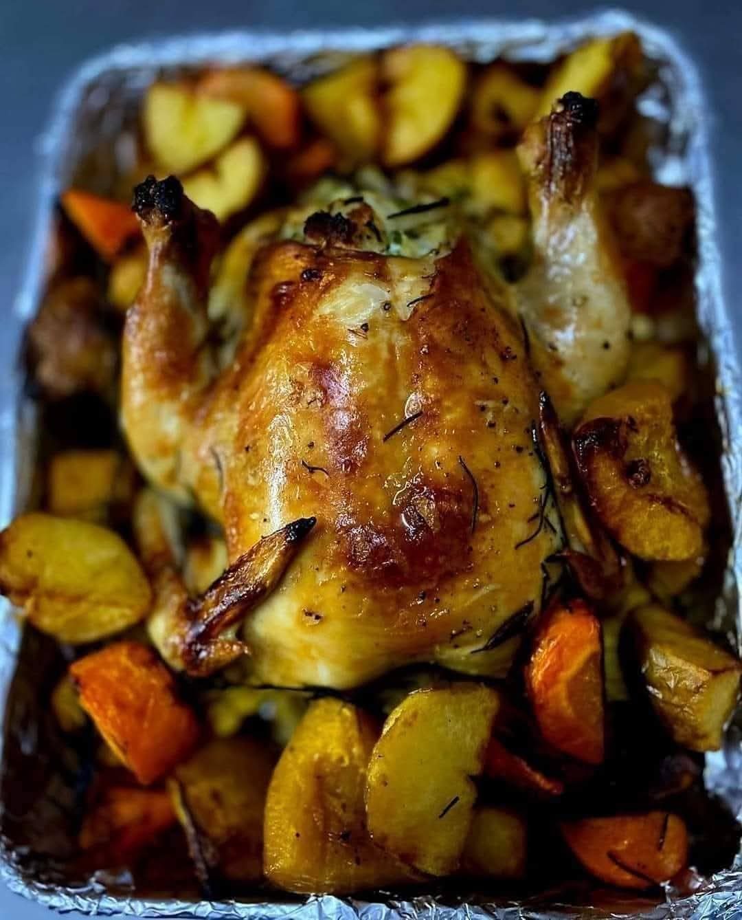 Whole roasted chicken with vegetables