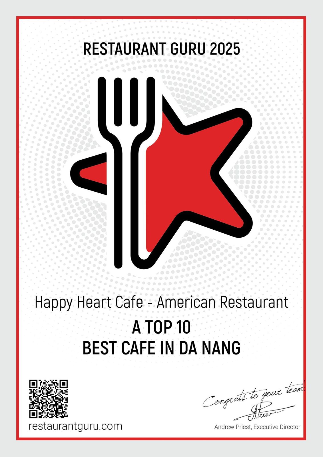 Restaurant Guru 2025 certificate: Happy Heart Cafe, a Top 10 Best Cafe in Da Nang